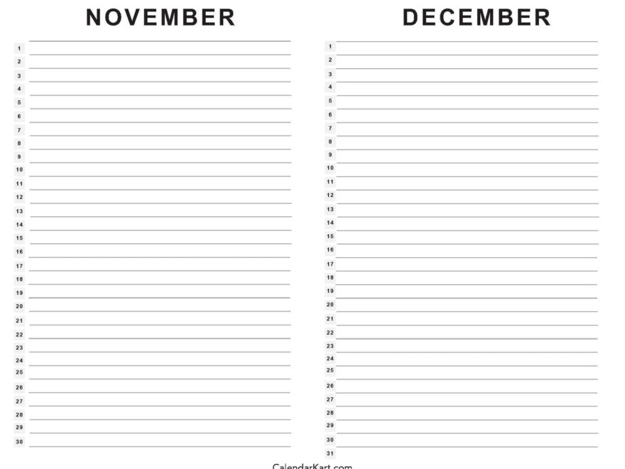 Printable November December 2025 Calendars Calendarkart