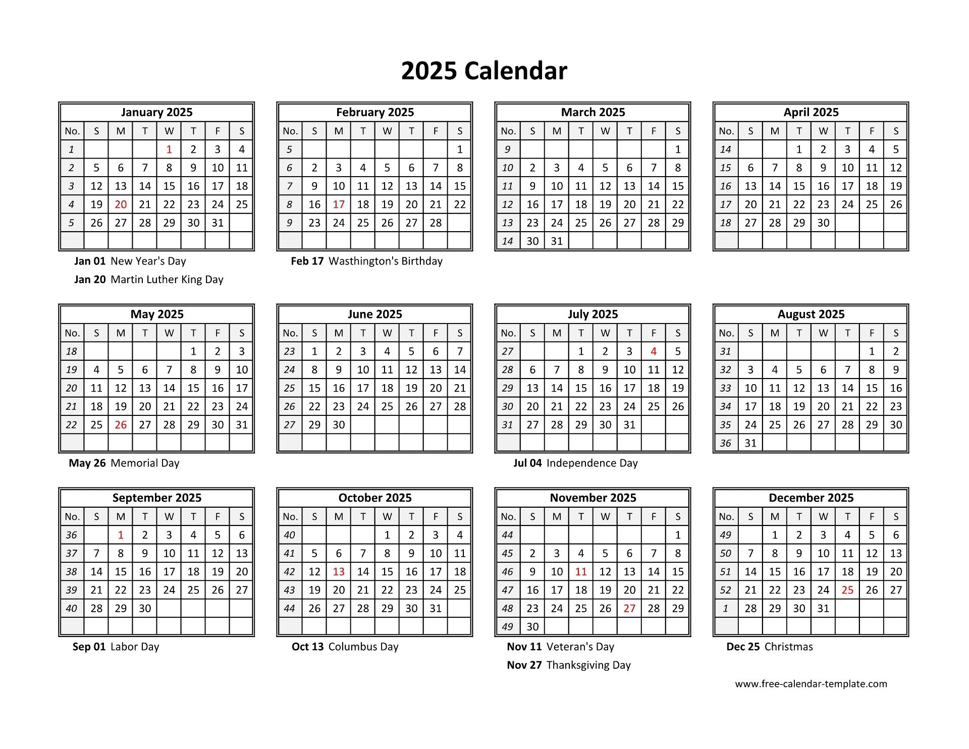 Blank Template Free Calendar Printable 2025