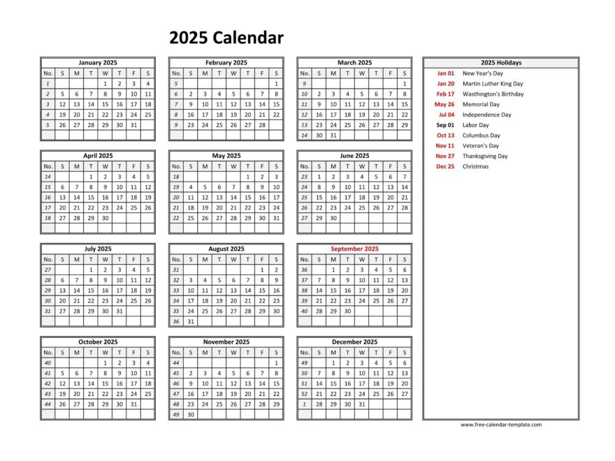 Printable Yearly Calendar 2025 Free calendar template
