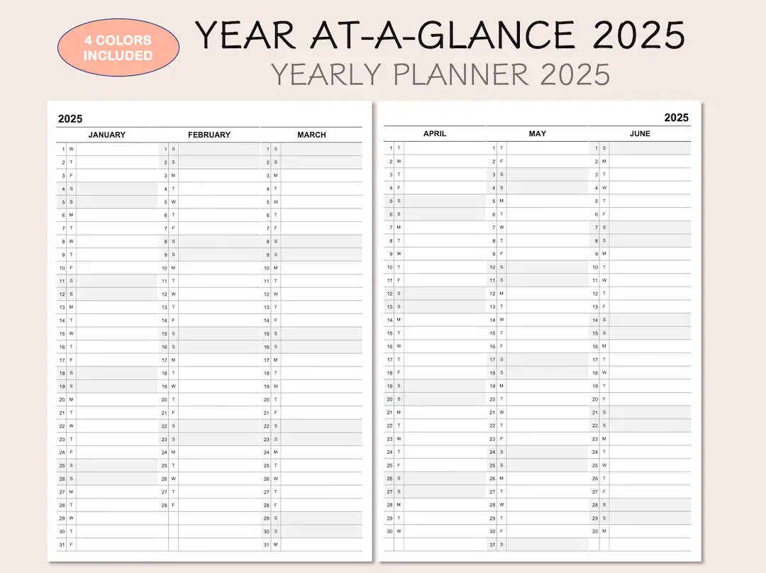 Printable Yearly Planner Calendar 2025 Yearly Overview 2025 Year At a glance 2025 4 Colors Etsy