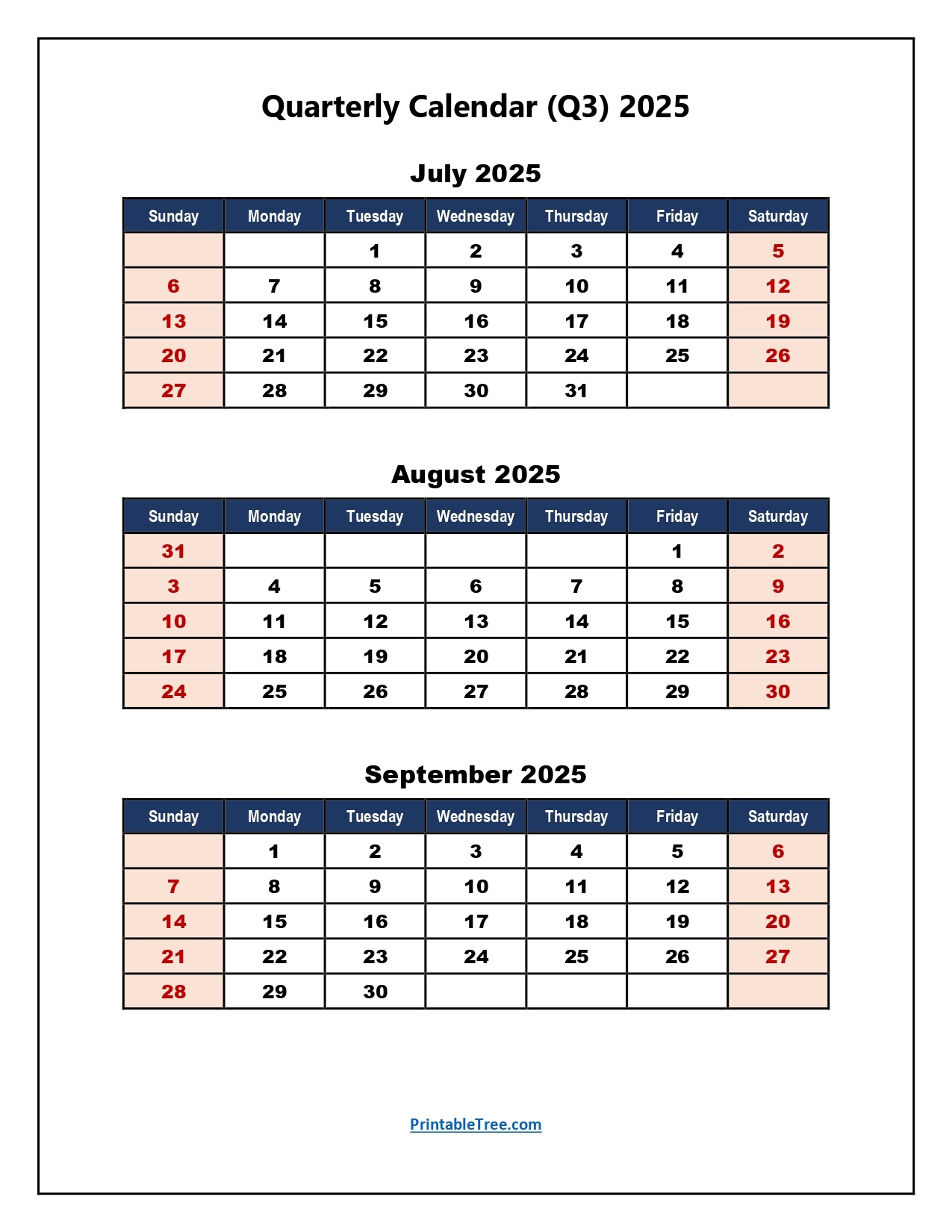 Q3 Quarterly Calendar 2025 Printable PDF Templates