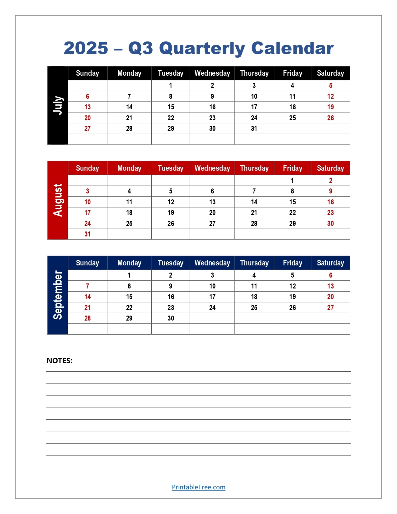 Q3 Quarterly Calendar 2025 Printable PDF Templates