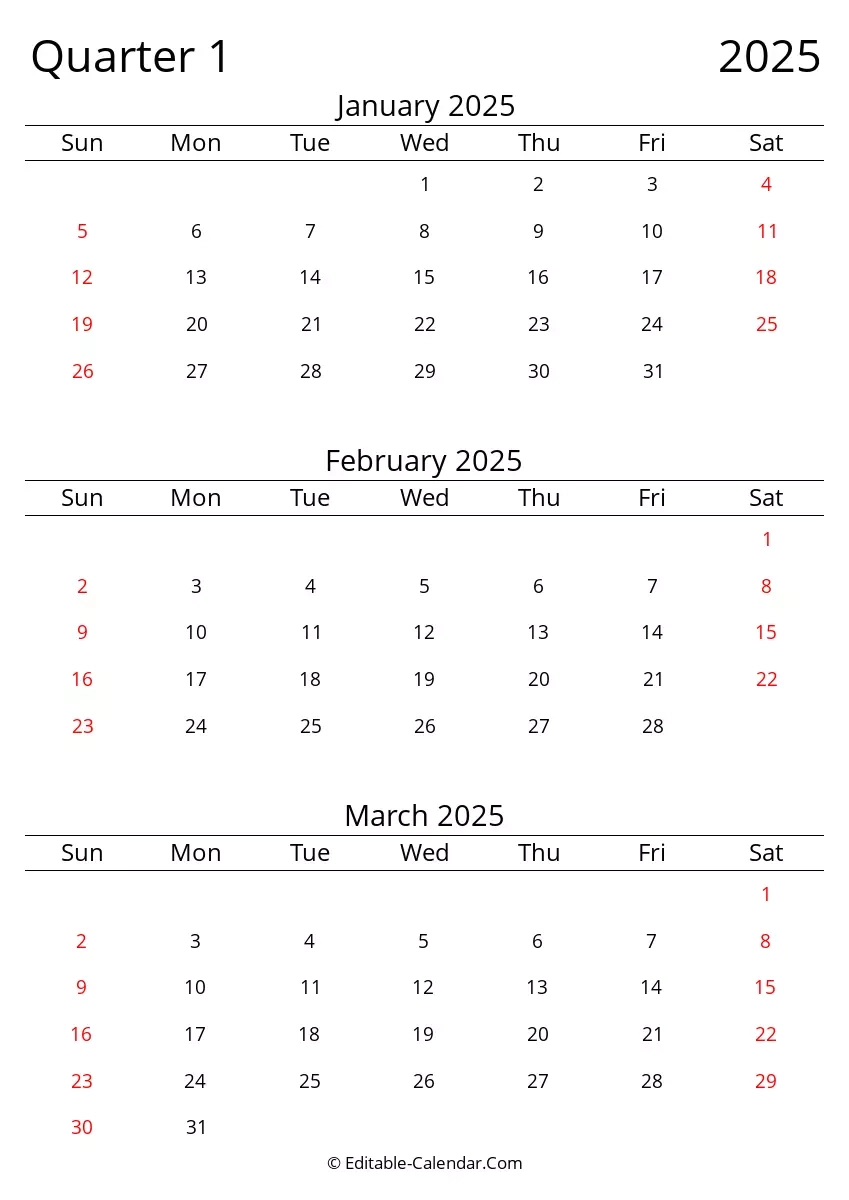 Quarter 1 Of 2025 Editable Calendar In Excel Word PDF