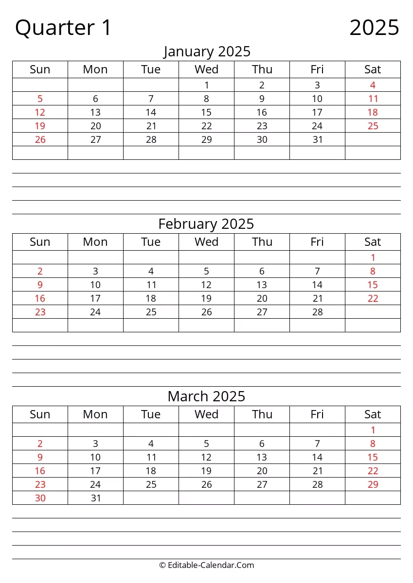 Quarter 1 Of 2025 Editable Calendar In Excel Word PDF
