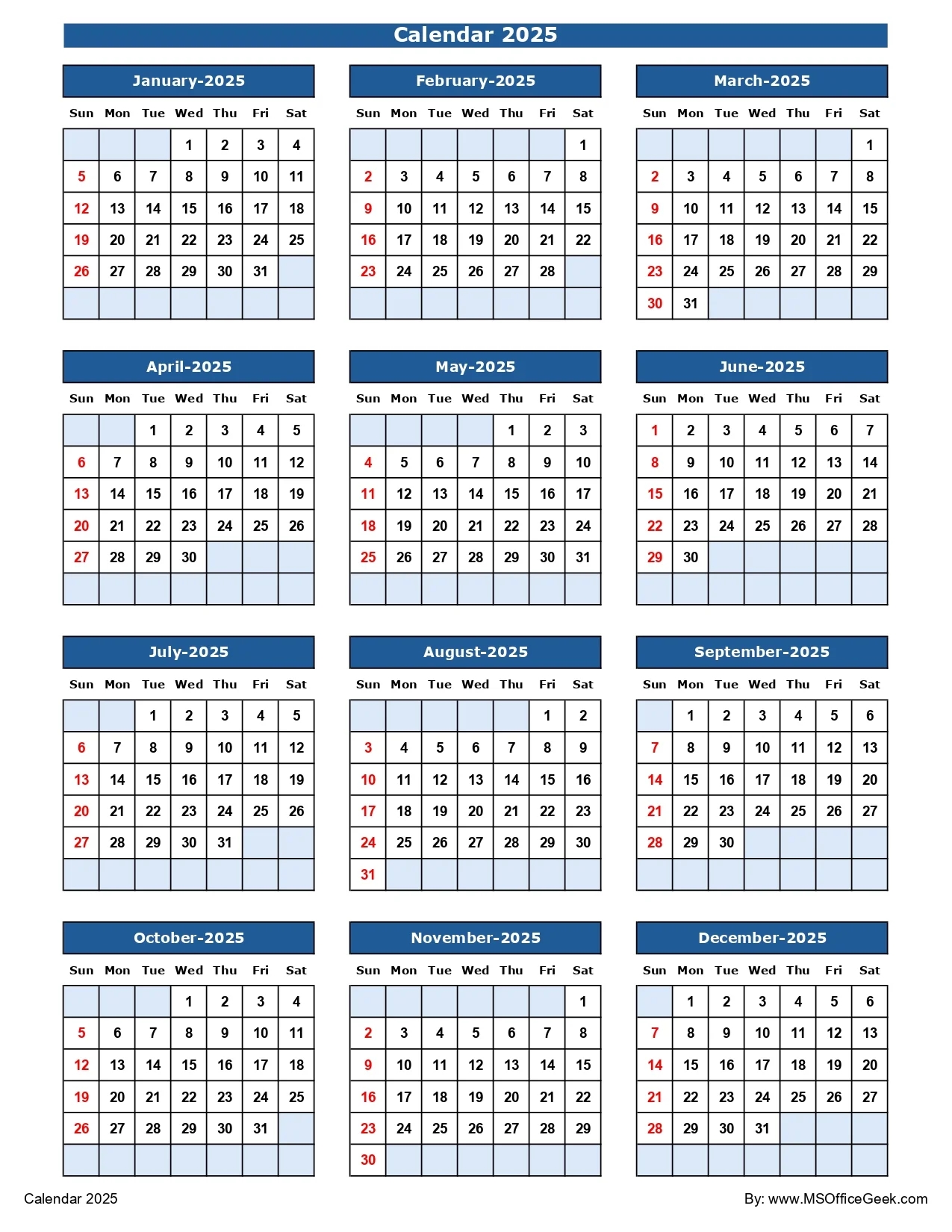 Ready To Use Printable Calendar 2025 MSOfficeGeek