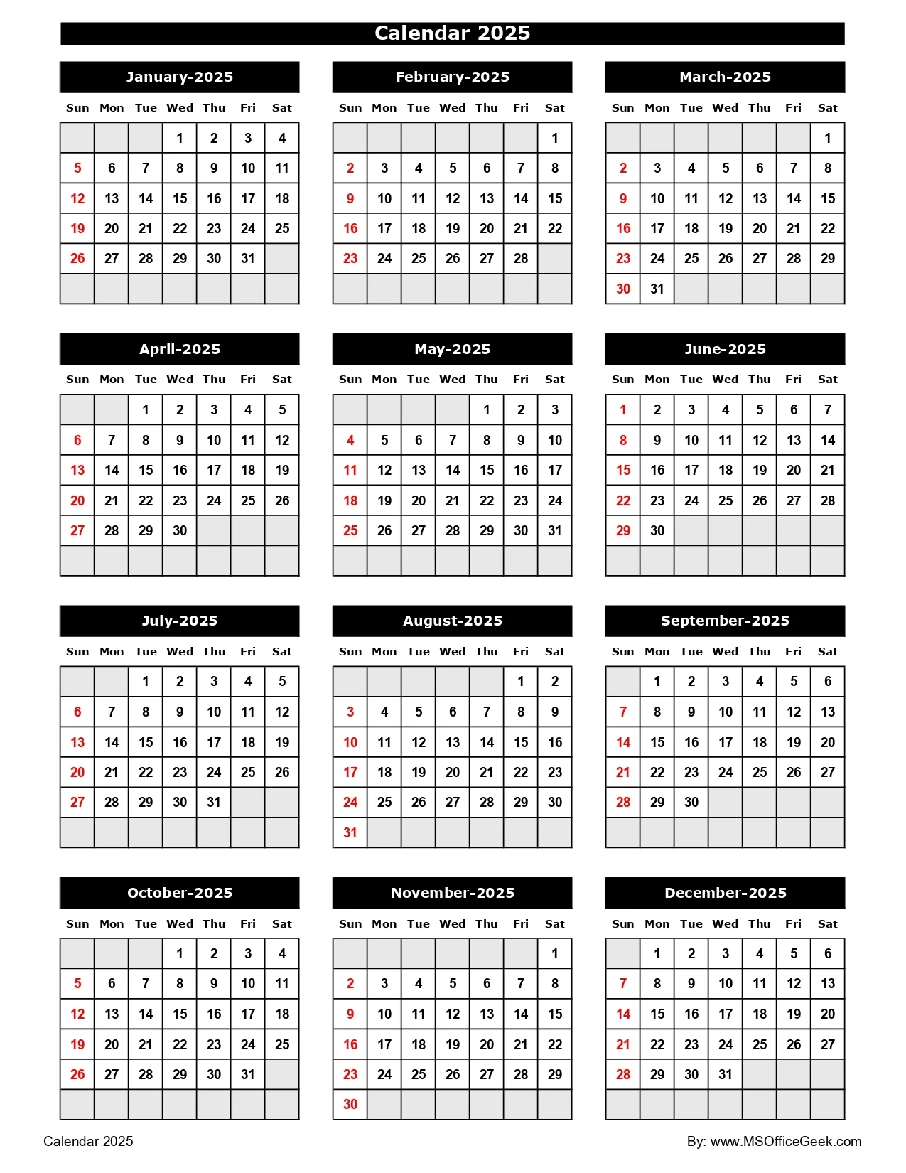 Ready To Use Printable Calendar 2025 MSOfficeGeek