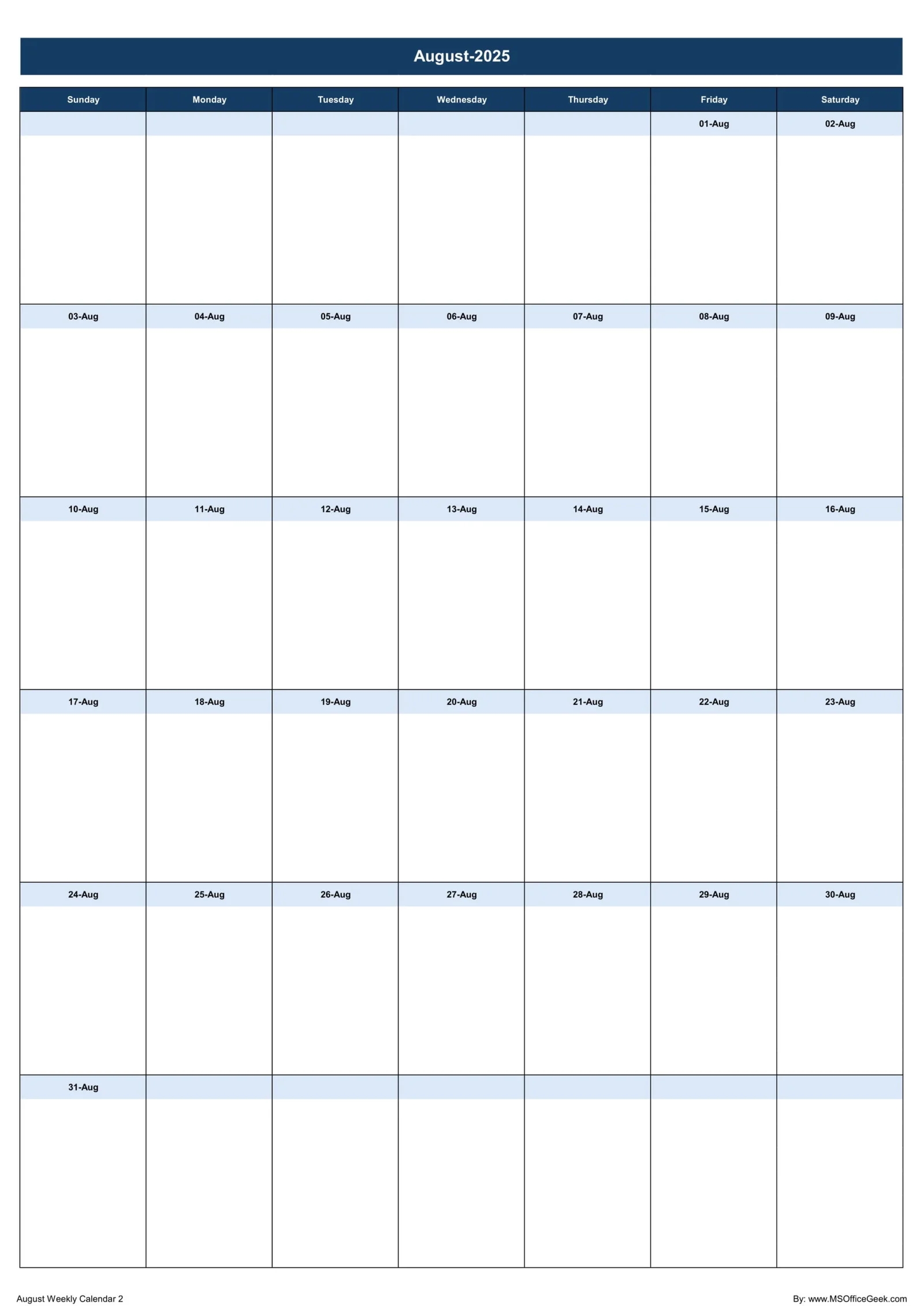 August Blank Calendar 2025 Printable