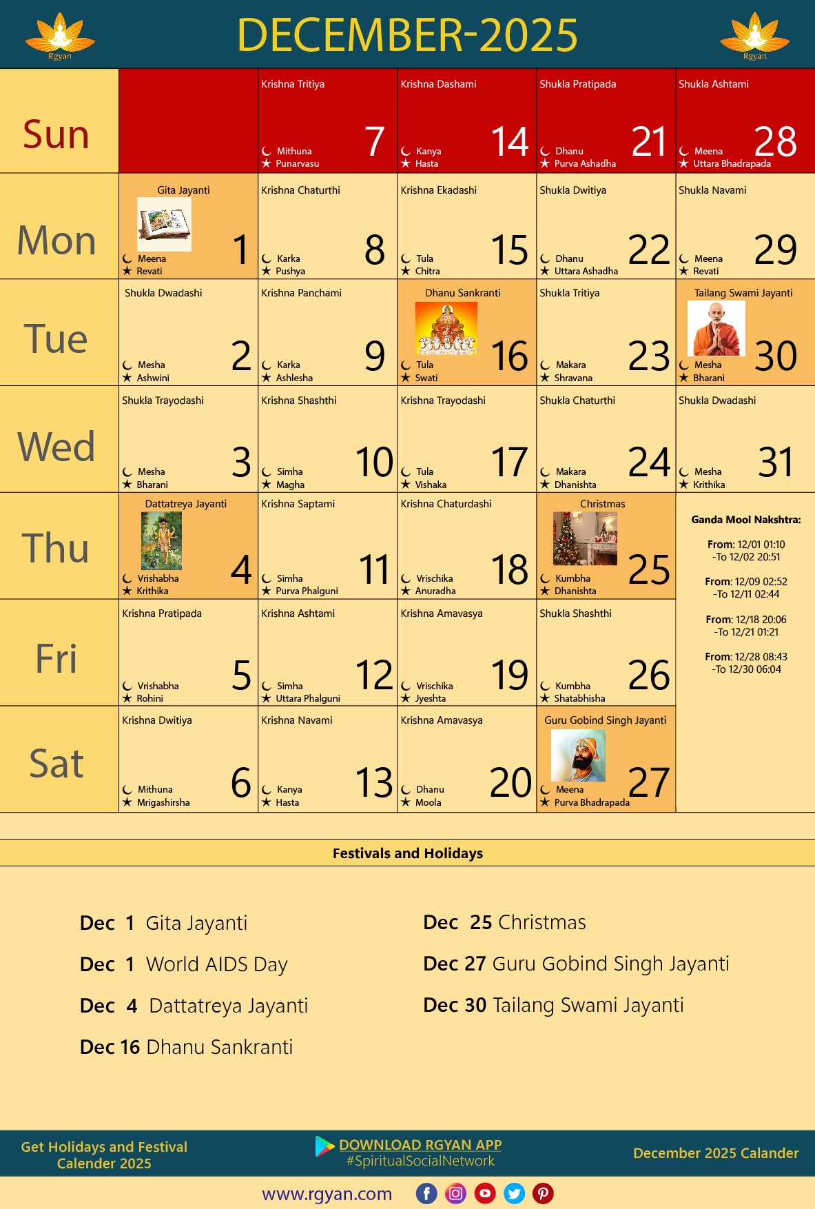 Rgyan Important Dates In December 2025 Indian Lunar Calendar Shubh Muhurats
