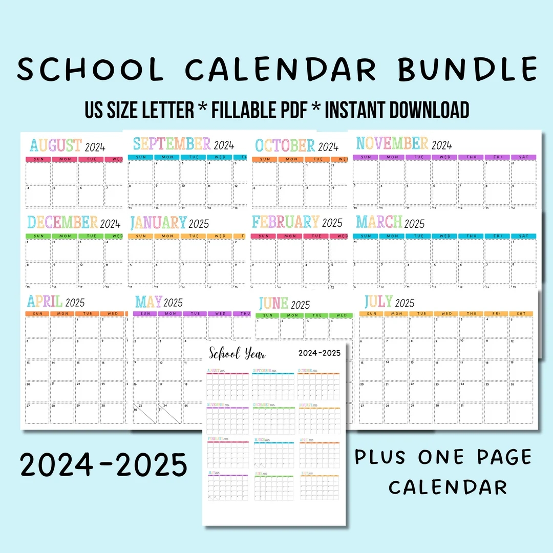 School Year Calendar Printable 2024 2025 Bundle Portrait Monthly Calendar Year At A Glance Academic Calendar Editable Yearly School Calendar Etsy