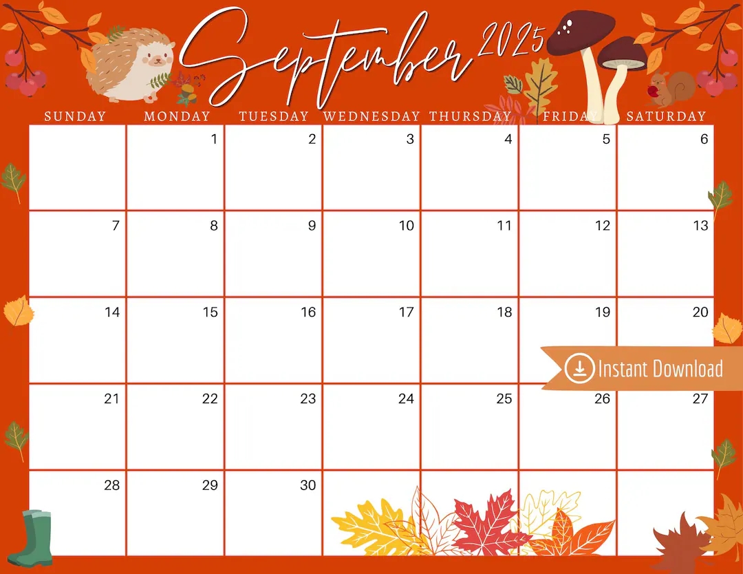 September 2025 Digital Calendar Orange Harvest Leaves Planner Editable Fillable Printable Calendar For Planning PDF PNG And JPG Download Etsy