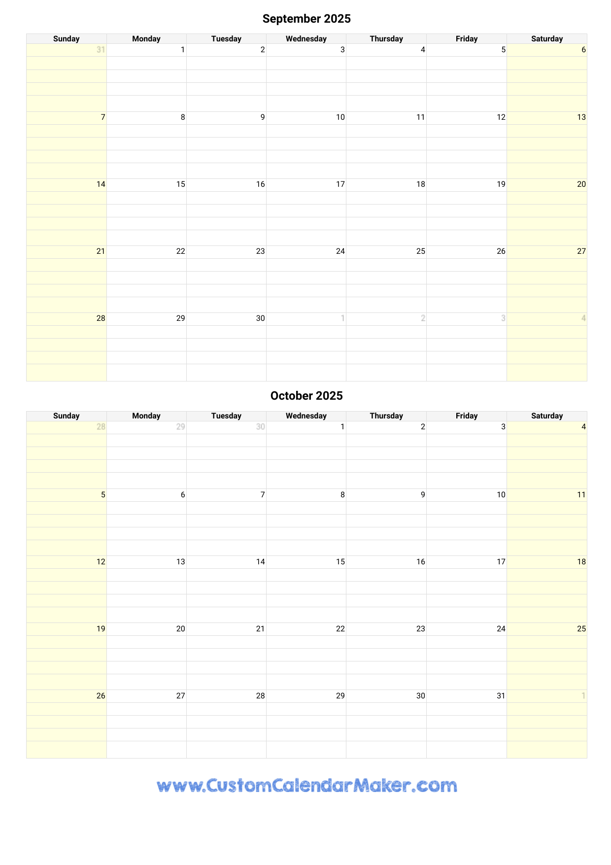 September And October 2025 Calendar Custom Calendar Maker