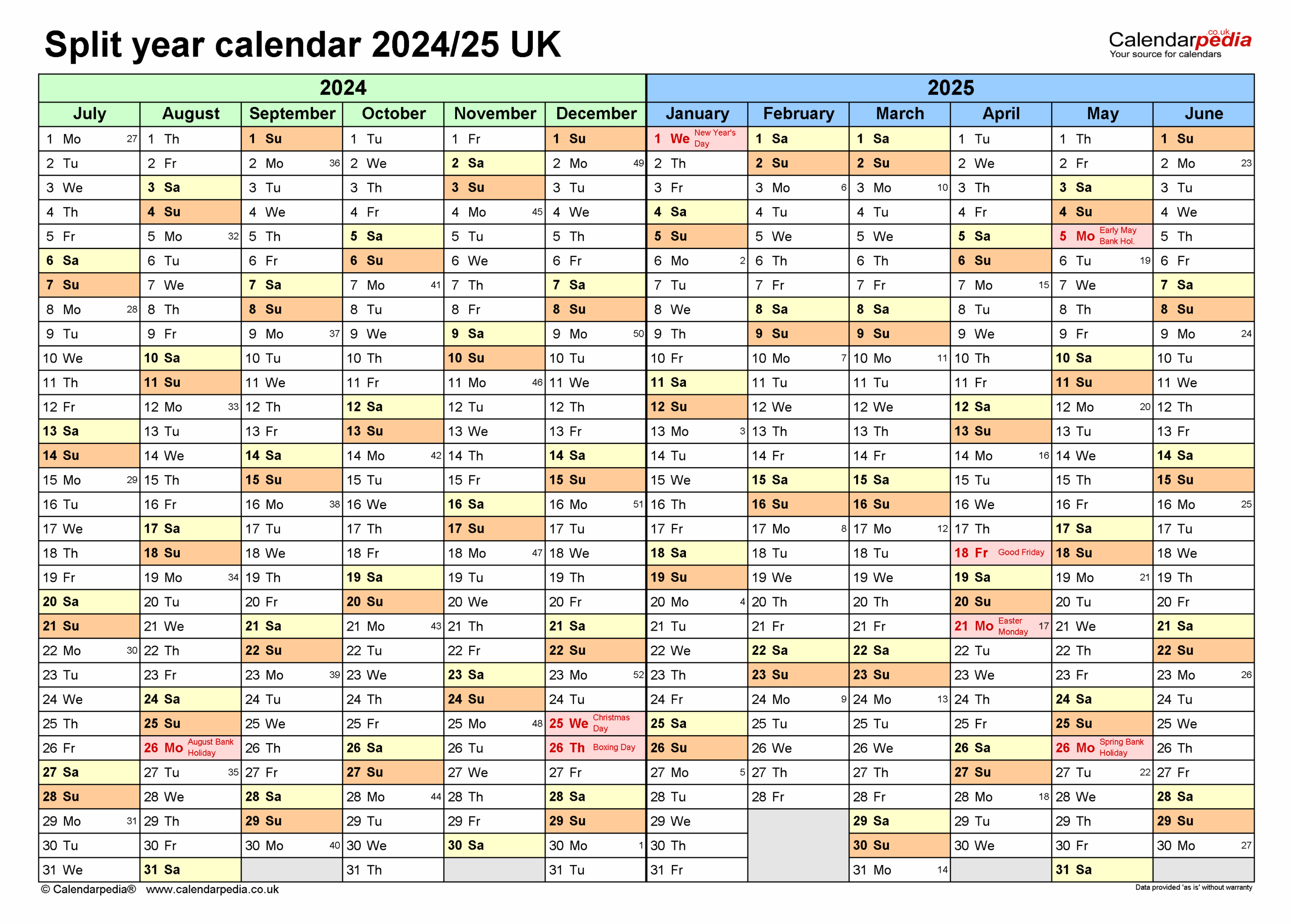 Split Year Calendars 2024 25 UK July To June For PDF