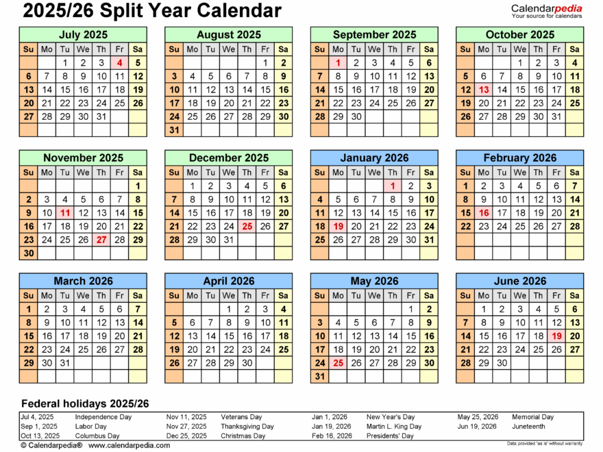 Split Year Calendars 2025 2026 July To June PDF Templates