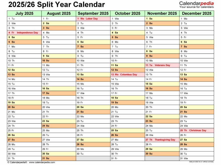 Split Year Calendars 2025 2026 July To June PDF Templates