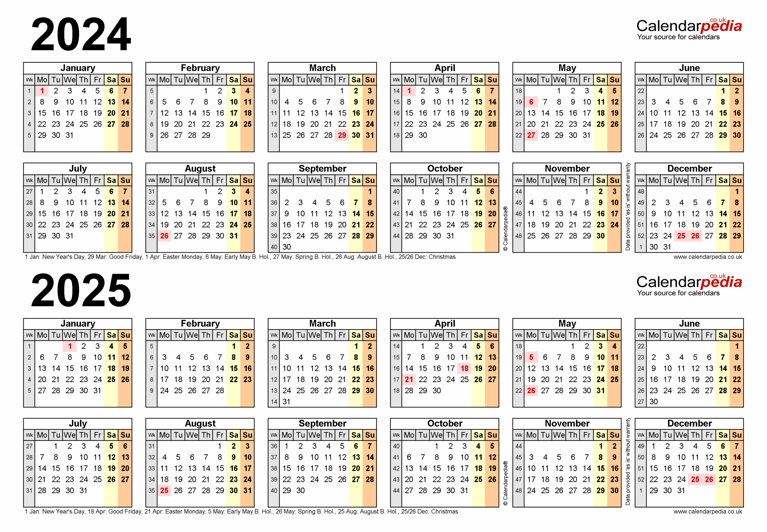 Two Year Calendars For 2024 And 2025 UK For PDF
