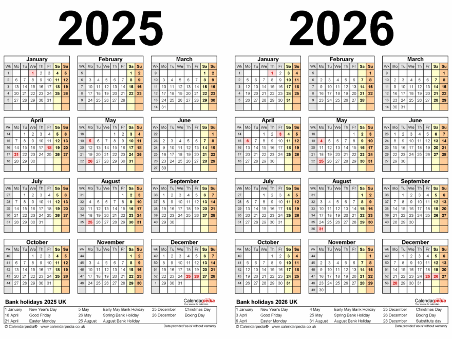 Two Year Calendars For 2025 And 2026 UK For PDF