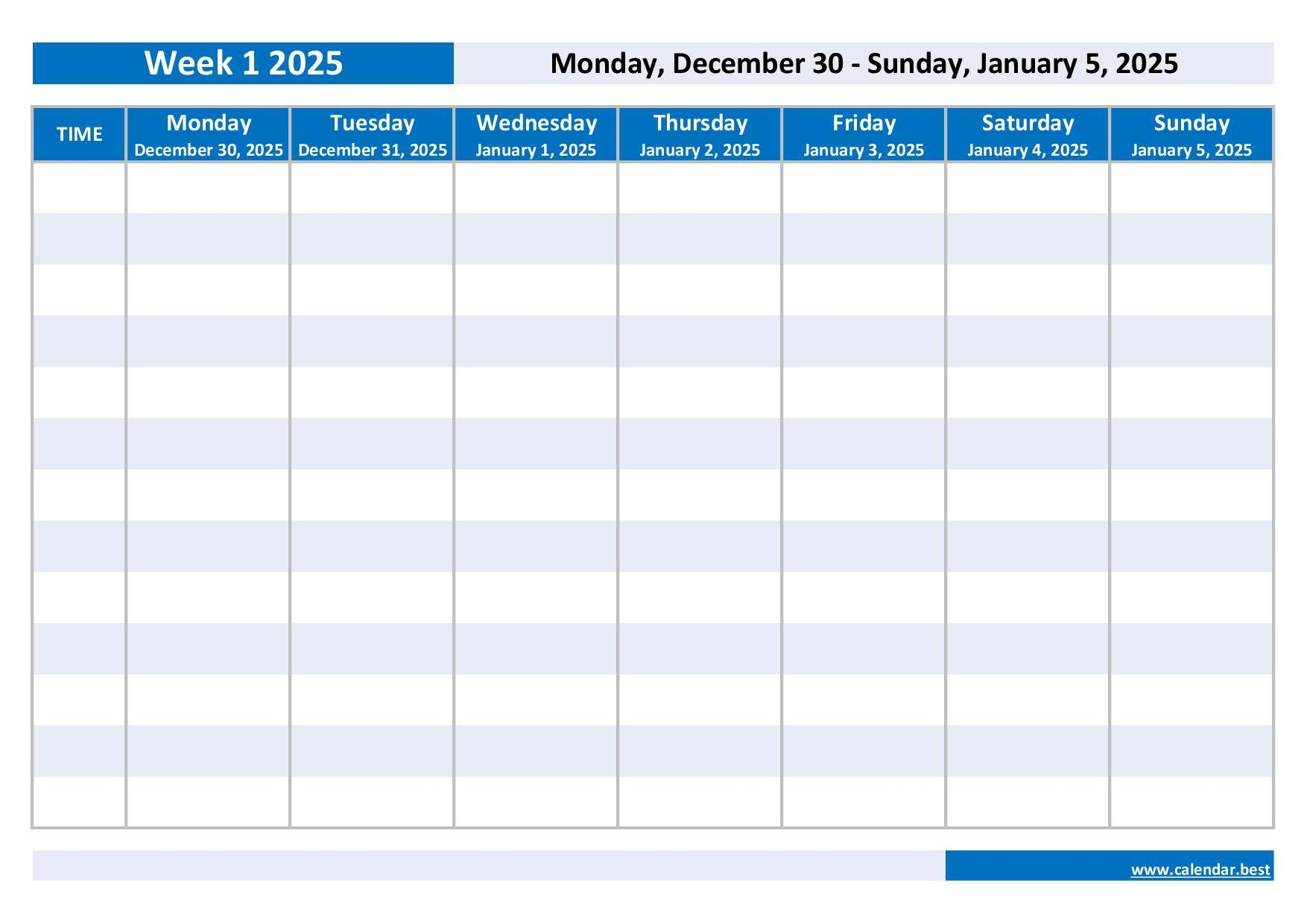 Monday Through Friday Blank Calendar 2025