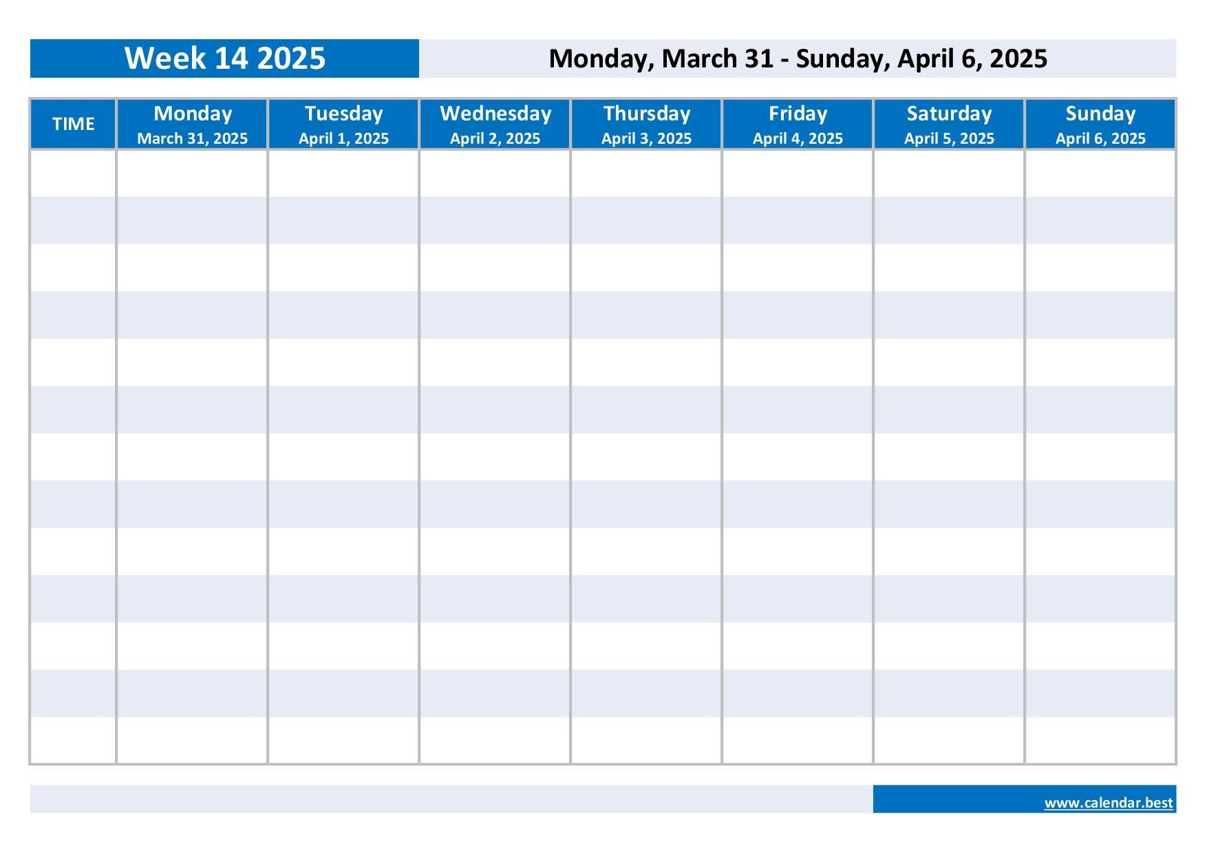 Week 14 2025 Dates Calendar And Weekly Schedule To Print