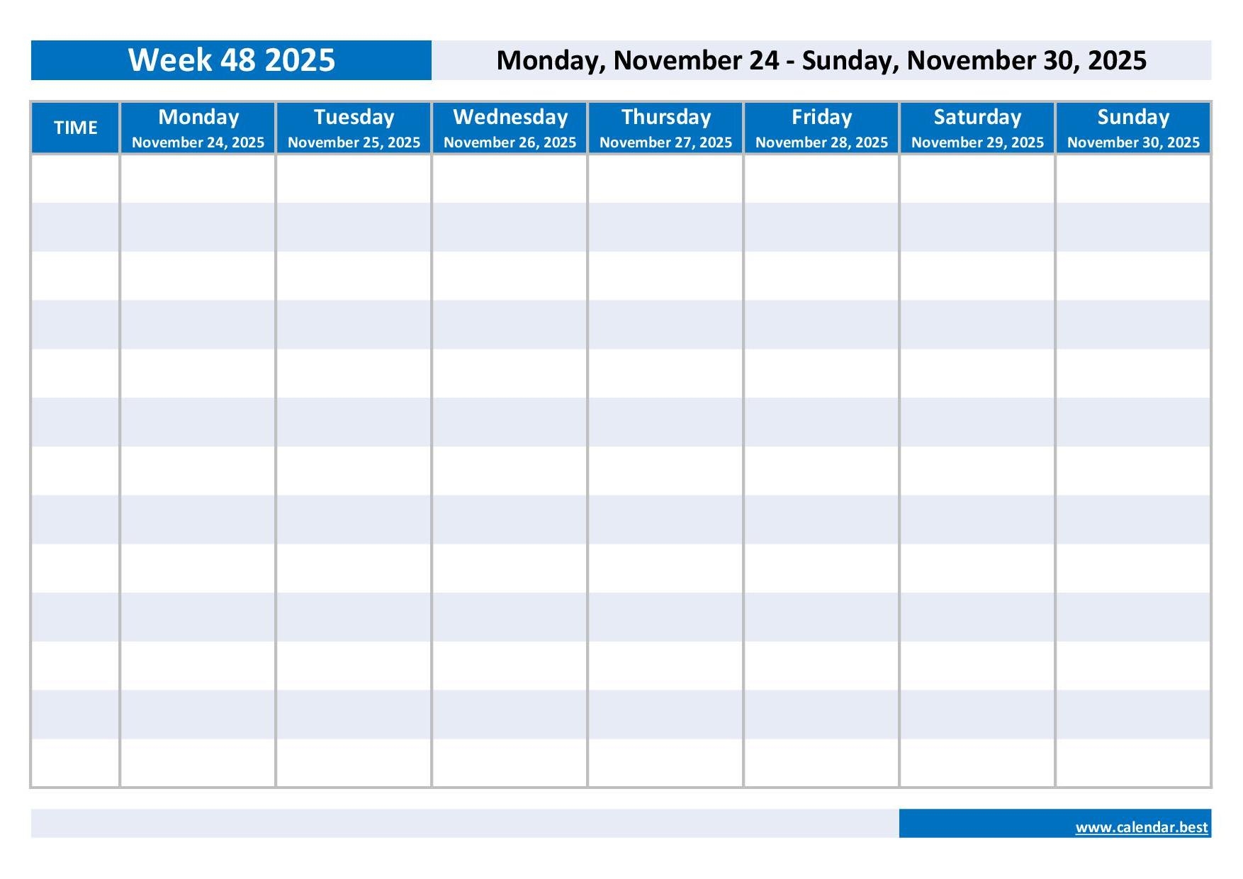 Week 48 2025 Dates Calendar And Weekly Schedule To Print