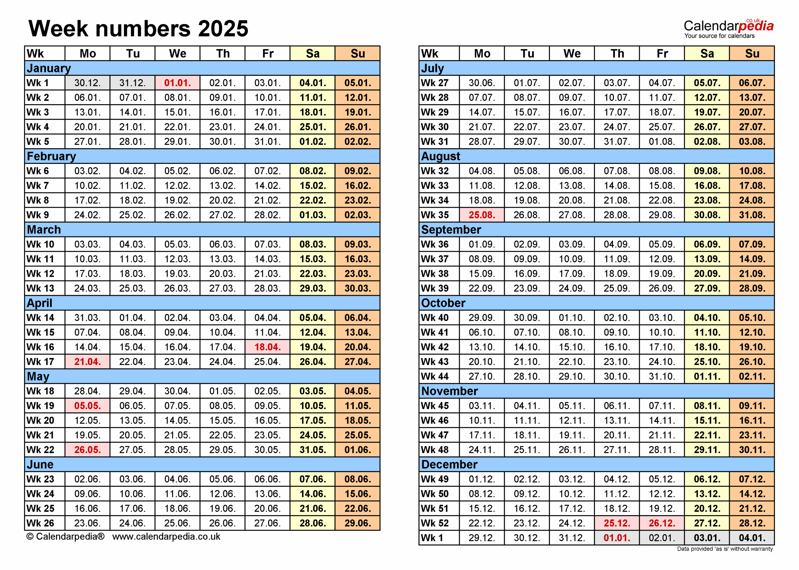 Week Numbers 2025 With PDF Excel And Word Templates