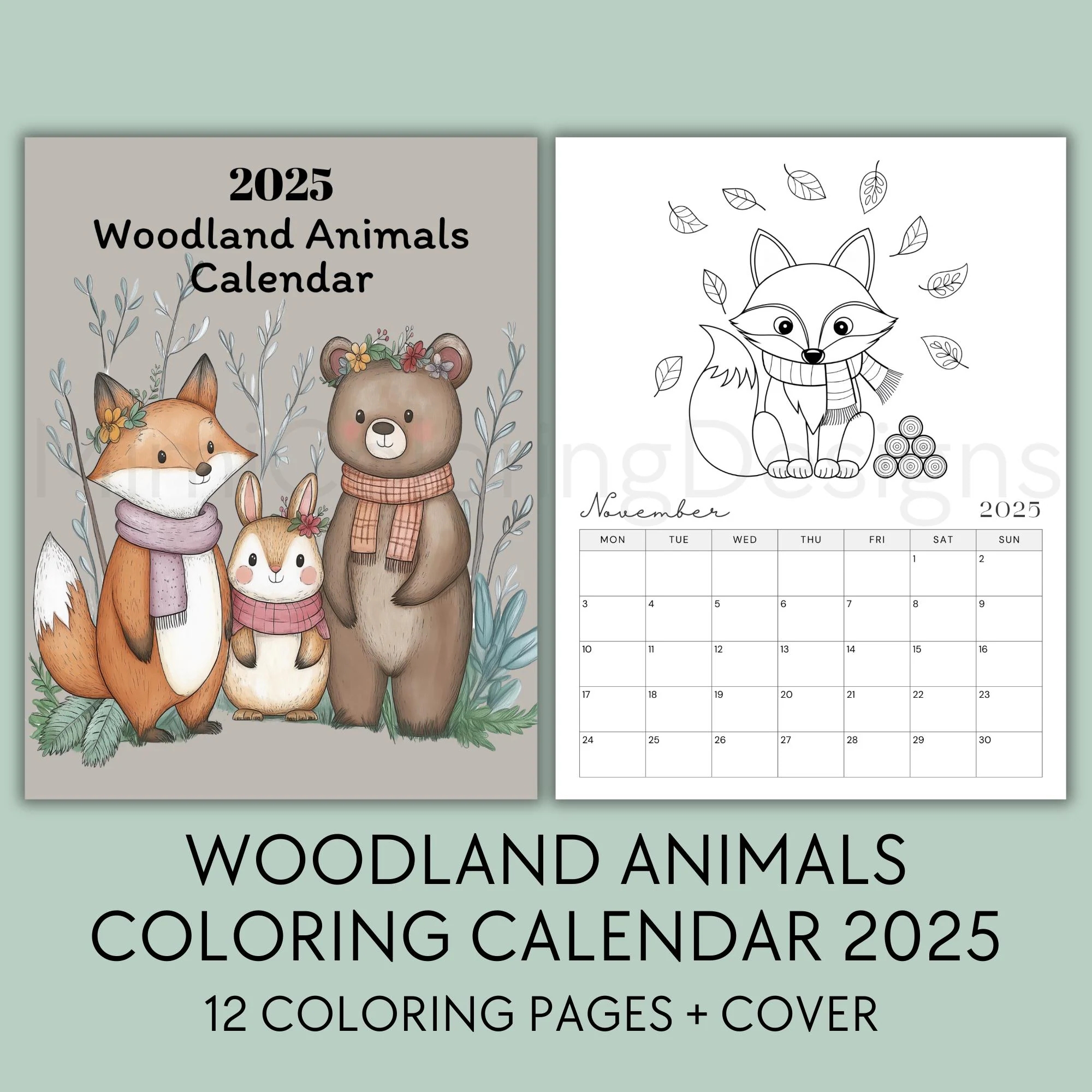 Woodland Animals Coloring Calendar 2025 Printable 2025 Monthly Planner Kids Calendar Woodland Lover Gift Wall Calendar Printable PDF Etsy