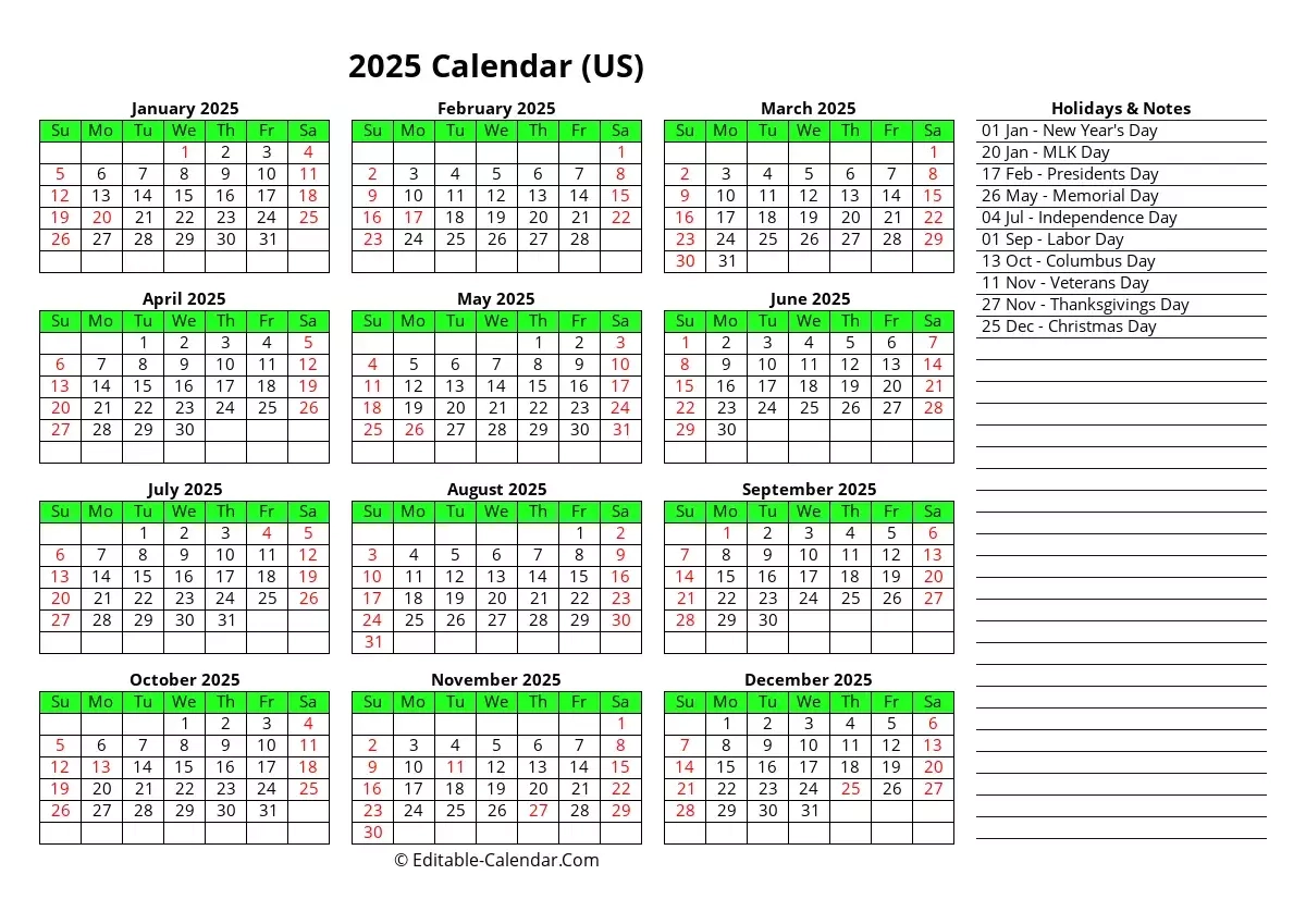 Yearly Calendar 2025 Editable In Excel Word PDF