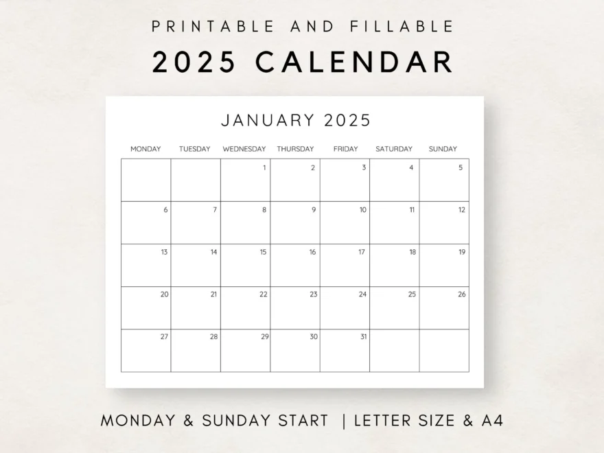 2025 Calendar Printable Monthly Calendar 2025 Fillable Calendar 2025 Planner Printable Minimalist Calendar Simple Clean Calendar Etsy