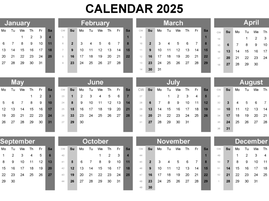 2025 Calendar Printable PDF Excel And Image File Free Download Easy To Print Annual Calendars