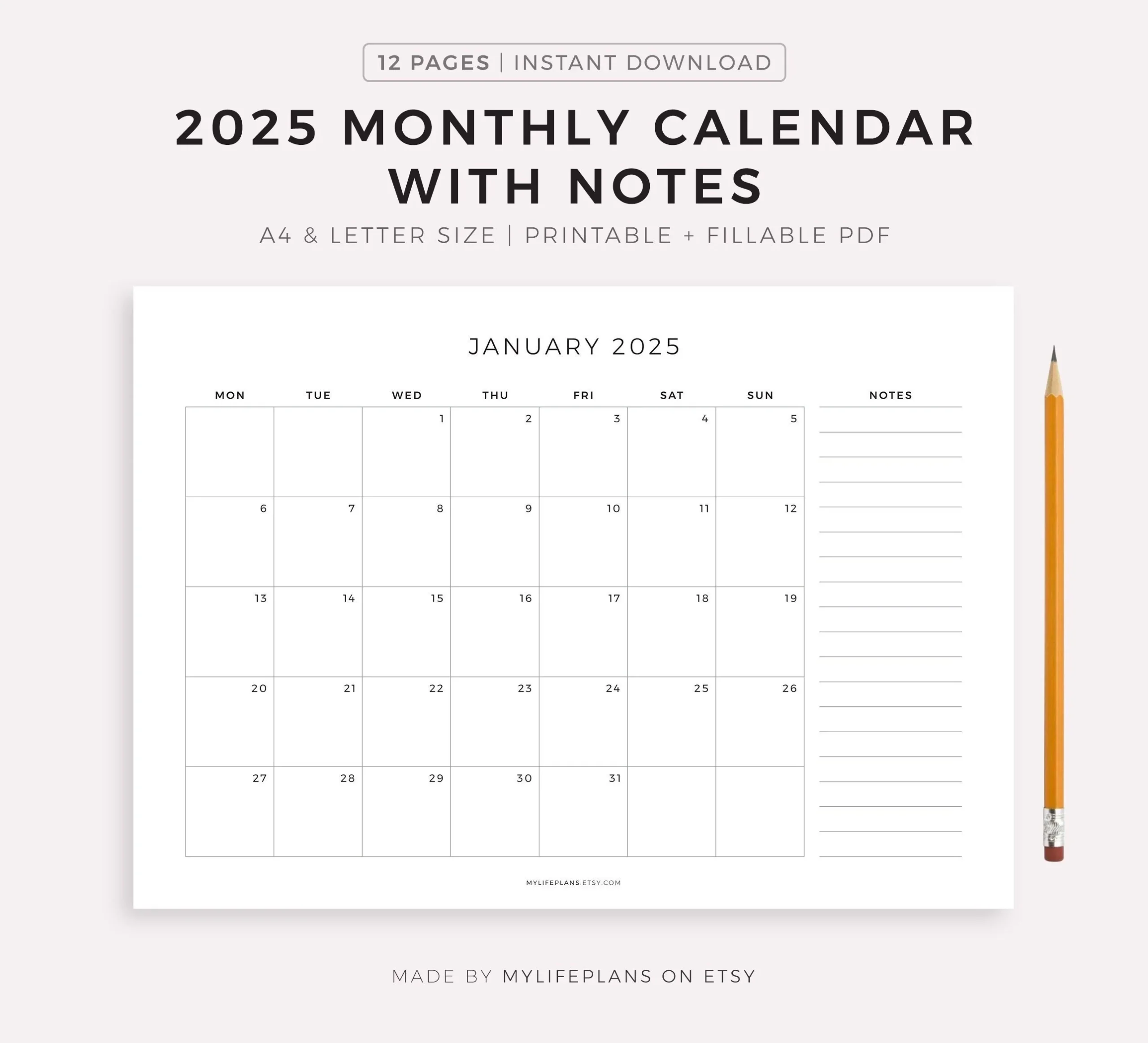 2025 Monthly Calendar With Notes Landscape Printable Calendar Template Minimalist Calendar Year Calendar Monday sunday Start A4 letter Etsy 2025 Monthly Calendar With Notes Landscape Printable Calendar Template Minimalist Calendar Year Calendar Monday sunday Start A4 letter Etsy
