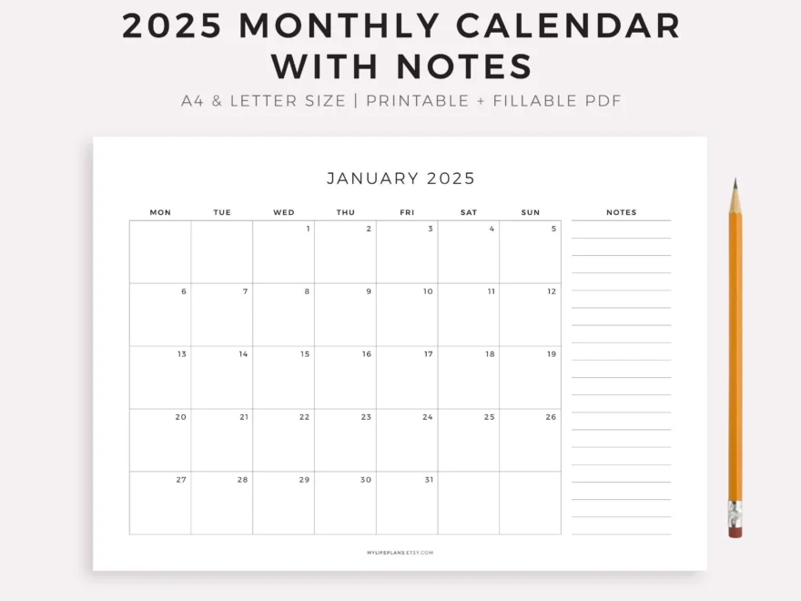 2025 Monthly Calendar With Notes Landscape Printable Calendar Template Minimalist Calendar Year Calendar Monday sunday Start A4 letter Etsy