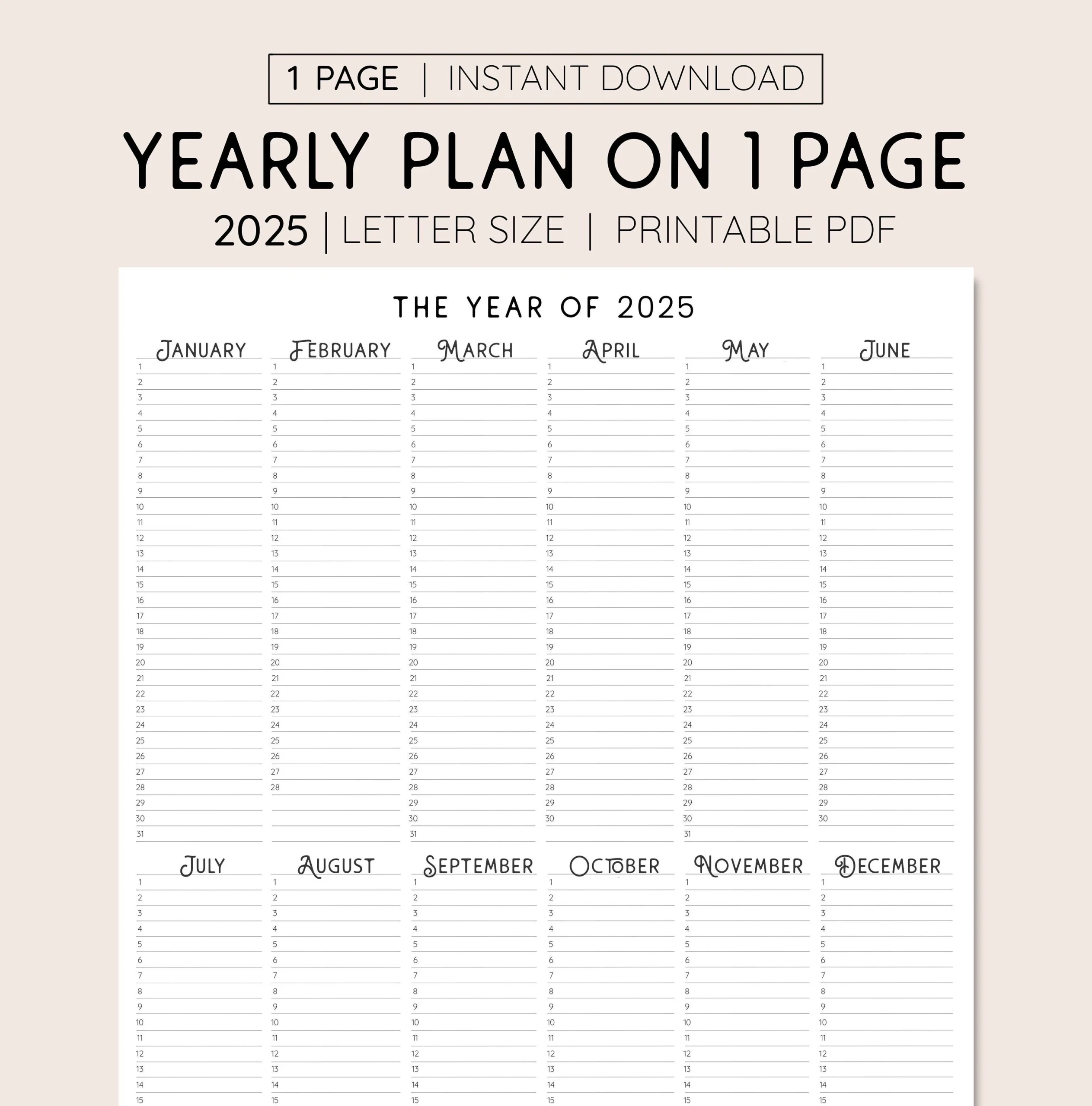 2025 Year At A Glance INSTANT DOWNLOAD Yearly Overview Printable Calendar 2025 Yearly Planner Annual Overview Etsy