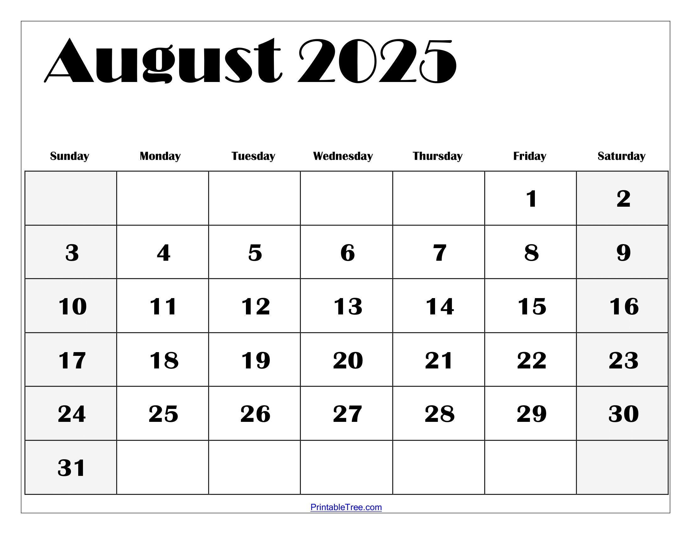 Blank August Calendar 2025 Printable Blank August Calendar 2025 Printable