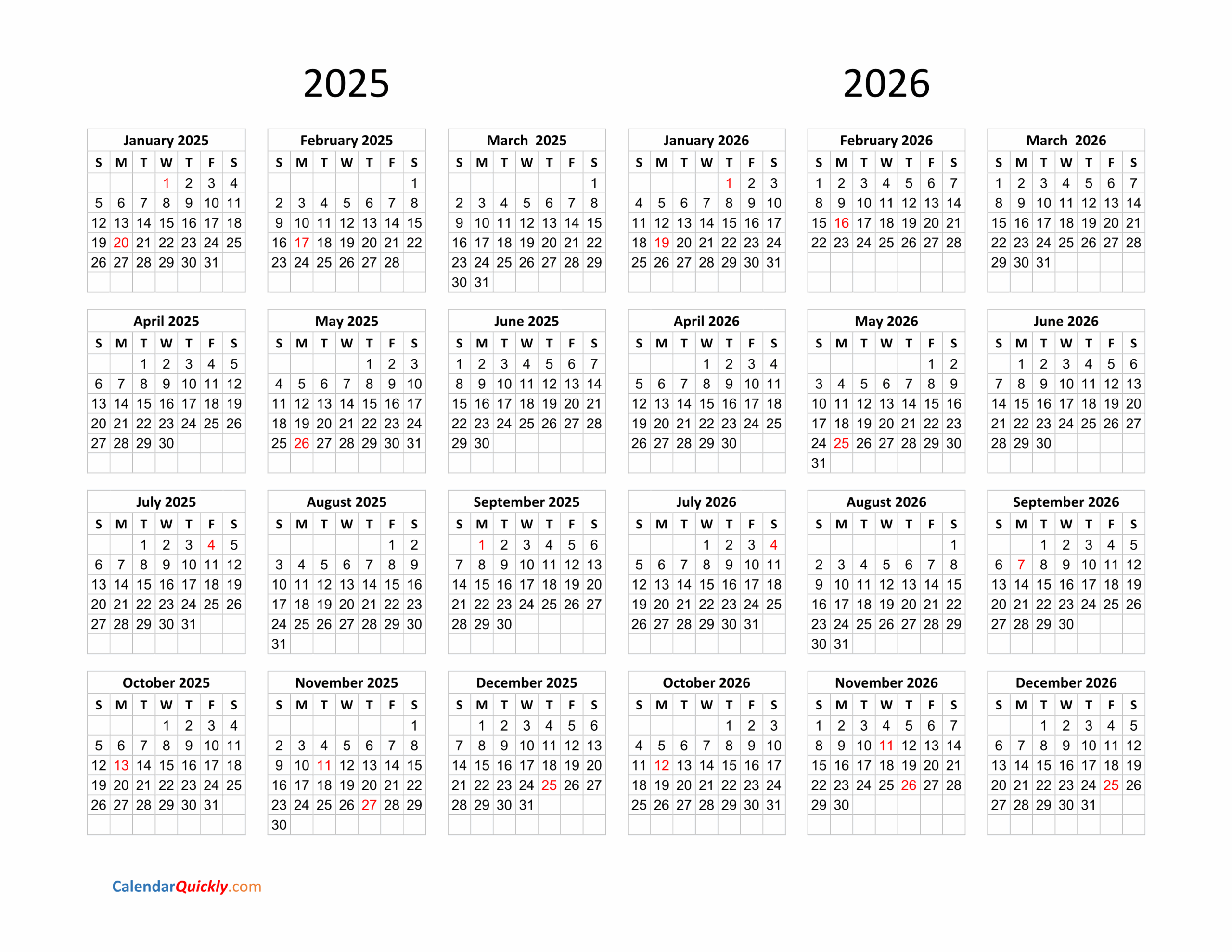 Calendar 2025 And 2026 On One Page Calendar Quickly Calendar 2025 And 2026 On One Page Calendar Quickly