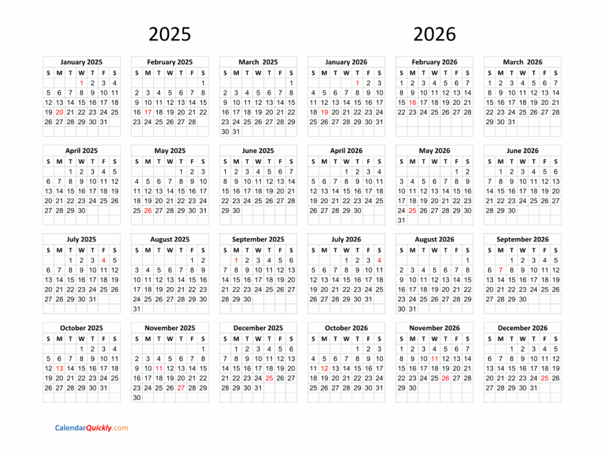 Calendar 2025 And 2026 On One Page Calendar Quickly