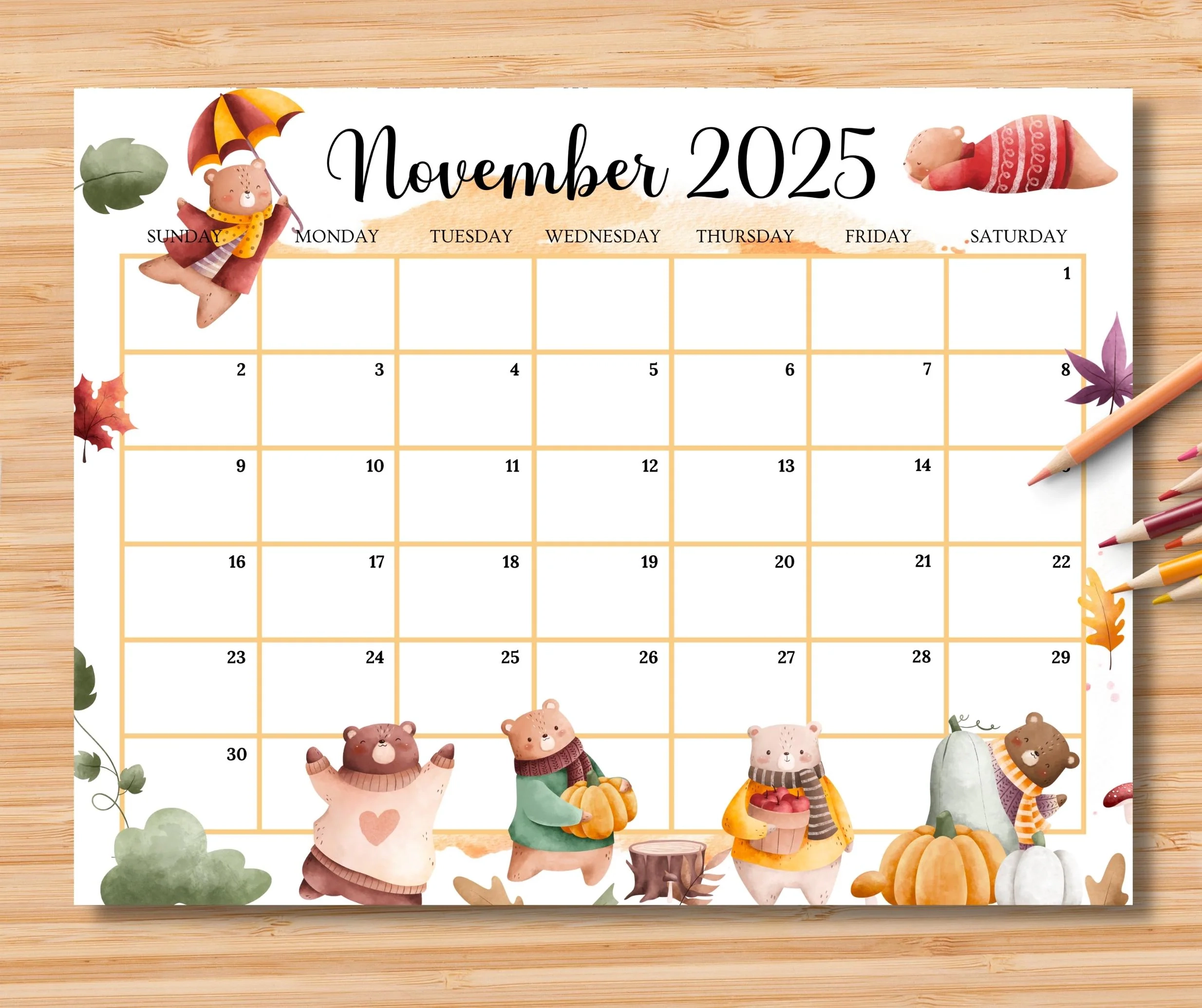 EDITABLE November 2025 Calendar Beautiful Autumn Planner W cute Bears Printable Monthly Calendar For Kid Home Work Office Instant Download Etsy