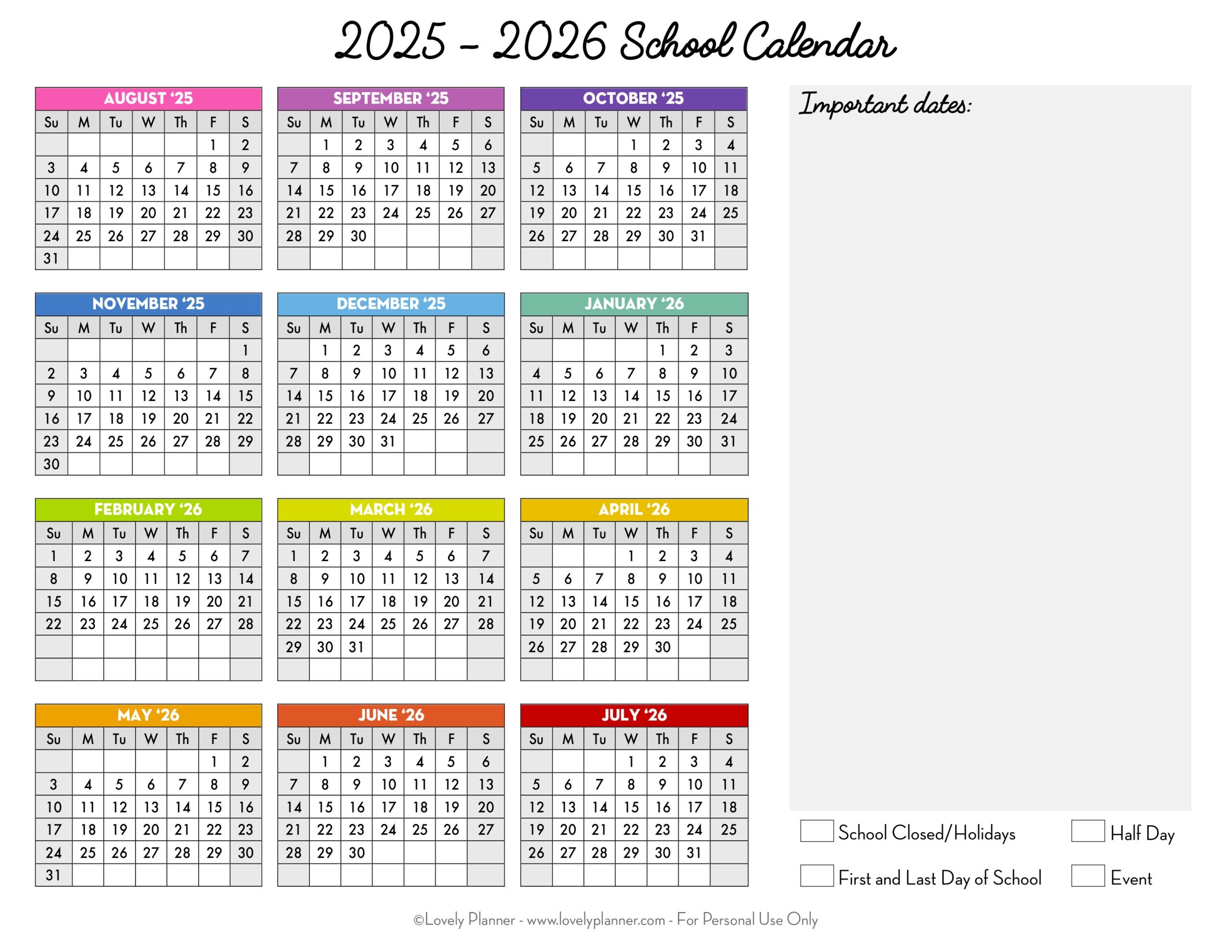 Free Printable 2025 2026 School Calendar One Page Academic Calendar Lovely Planner Free Printable 2025 2026 School Calendar One Page Academic Calendar Lovely Planner