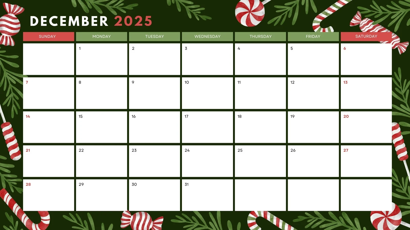 Free Printable December 2025 Calendar Templates Canva