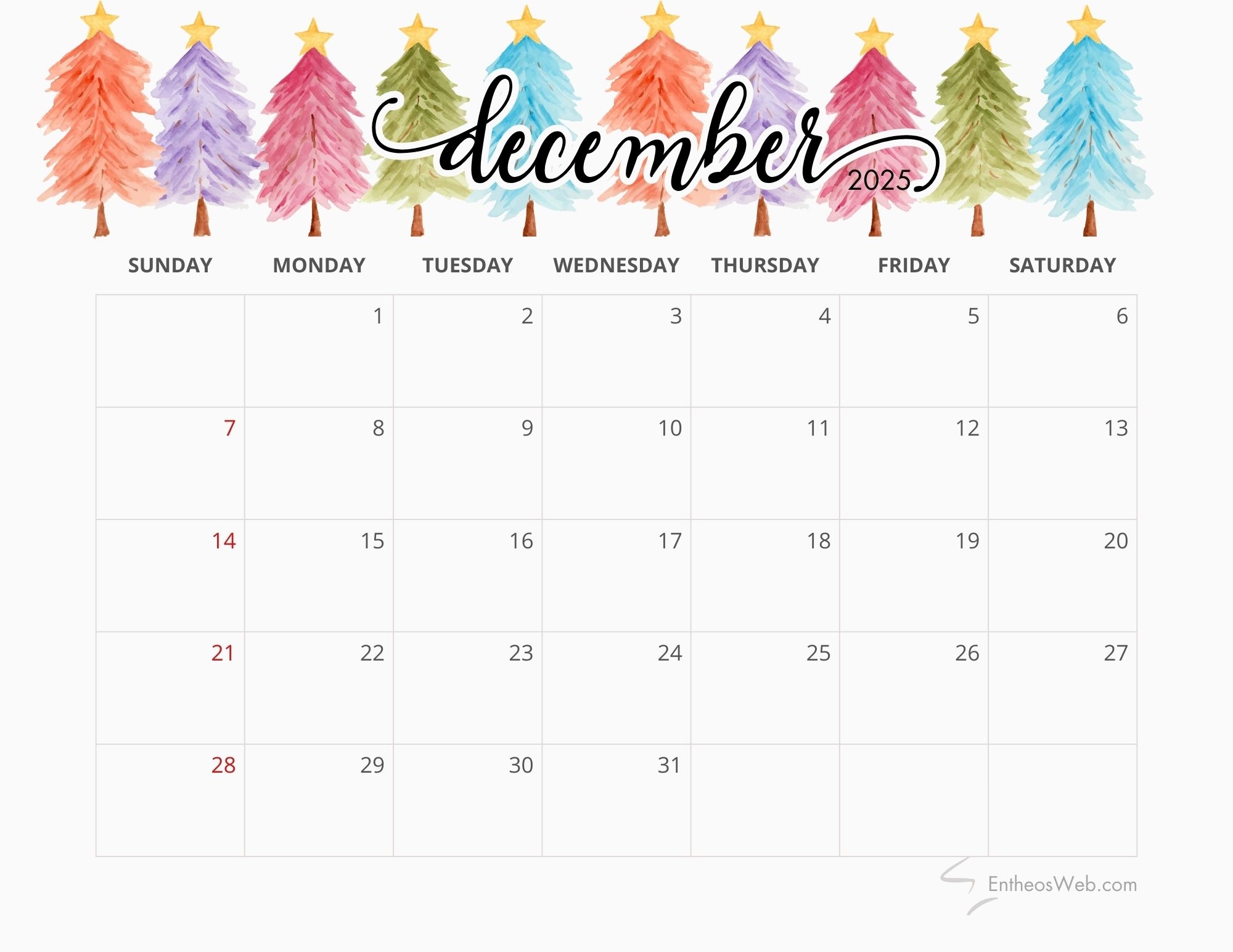 Free Printable December 2025 Calendars EntheosWeb Free Printable December 2025 Calendars EntheosWeb