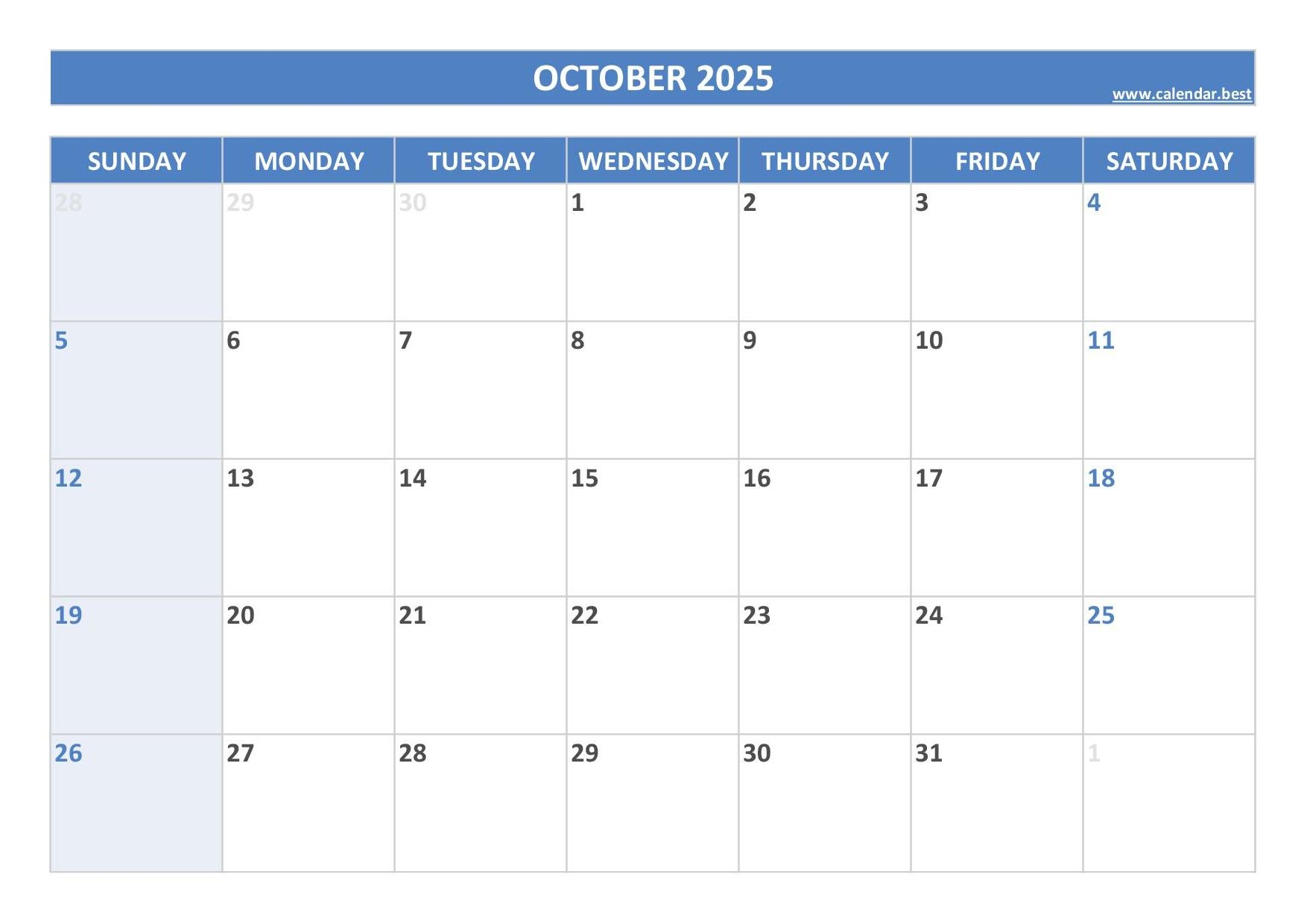 Blank Oct 2025 Calendar