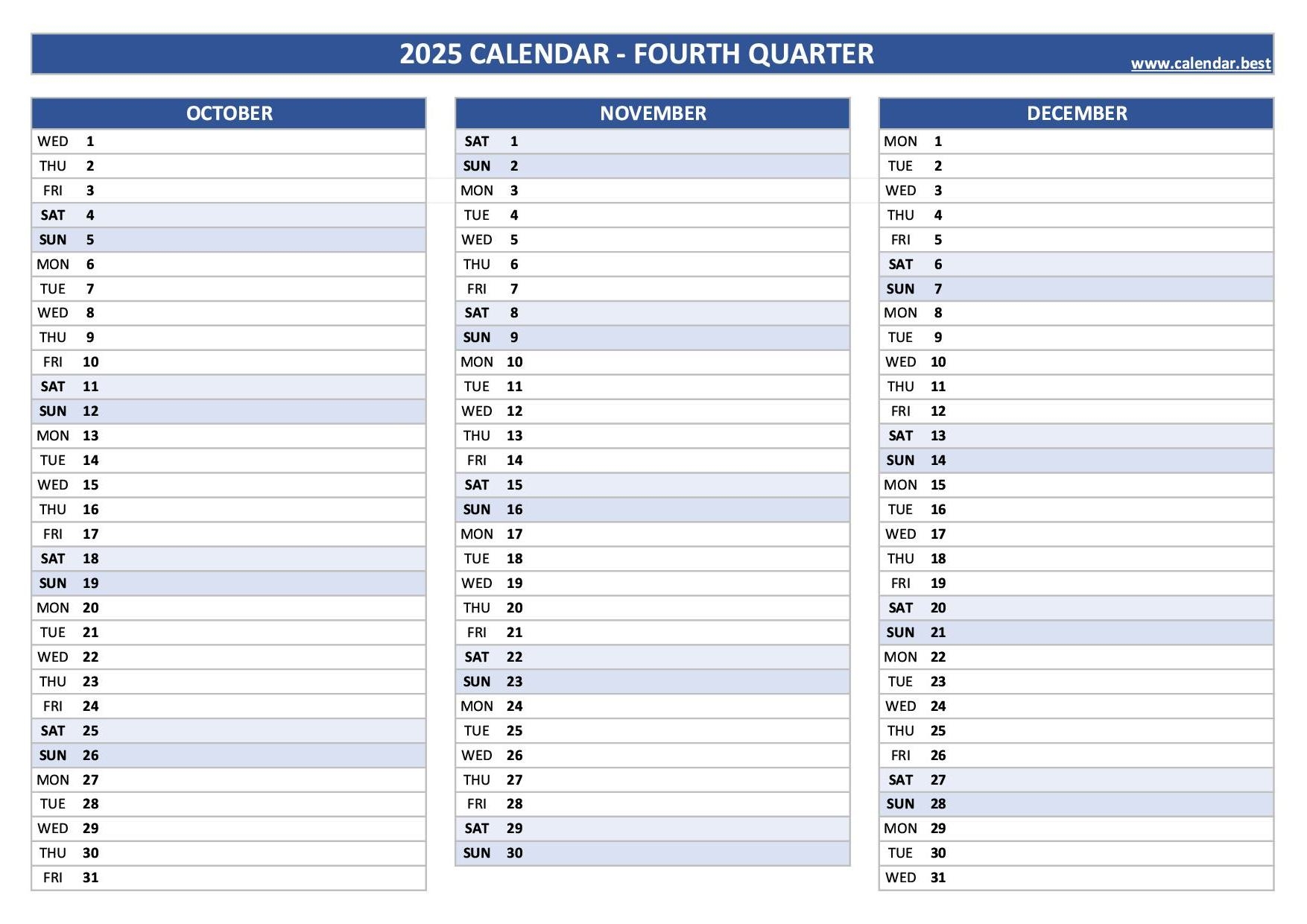 Printable 4th Quarter 2025 Calendar Printable 4th Quarter 2025 Calendar