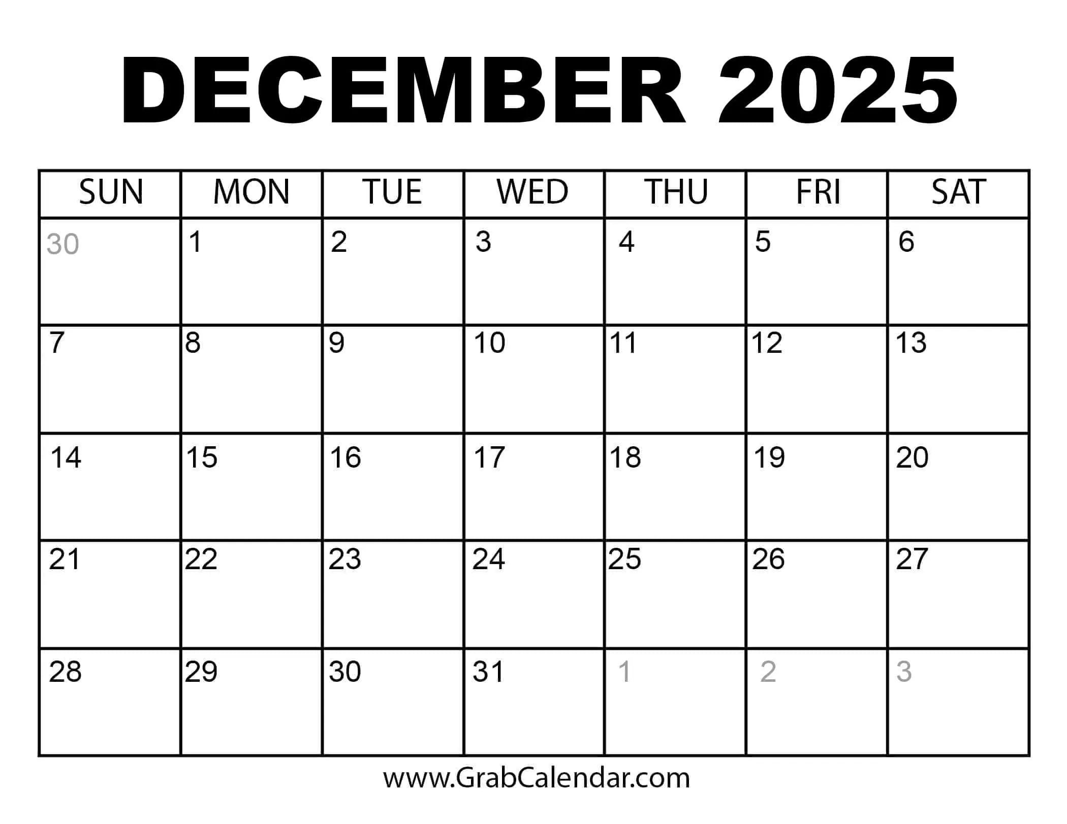 Printable December 2025 Calendar