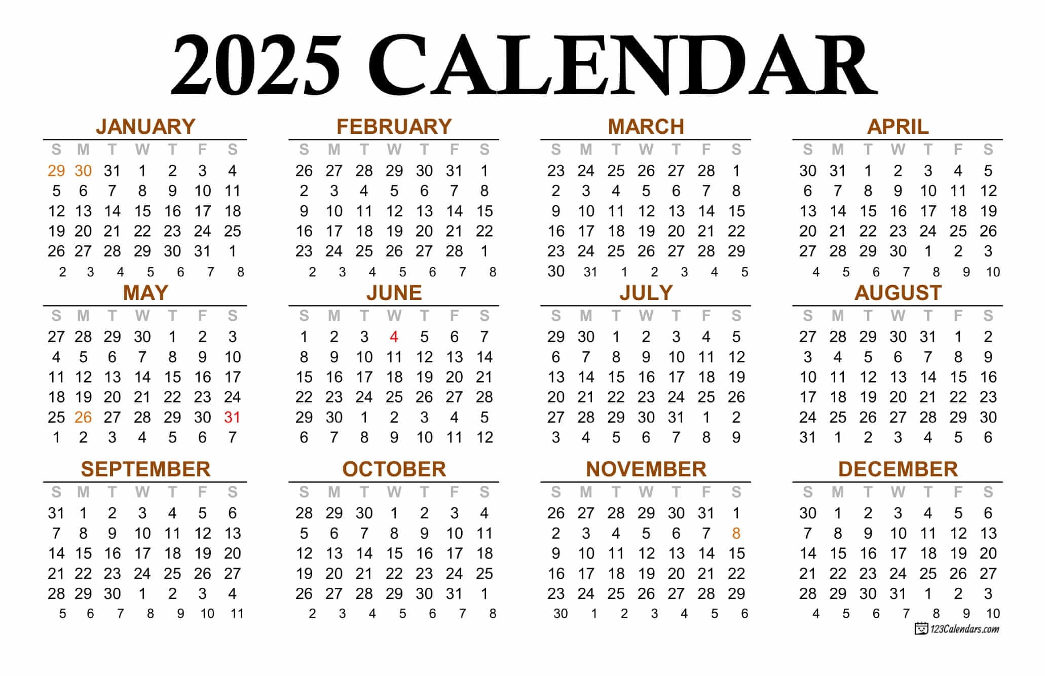 Year 2025 Calendar Templates 123Calendars Year 2025 Calendar Templates 123Calendars