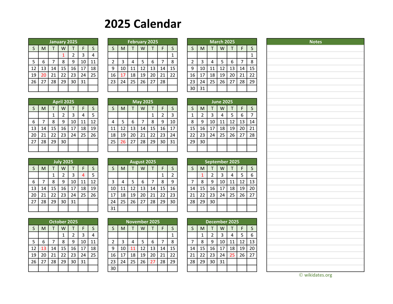 Yearly Printable 2025 Calendar With Notes WikiDates Yearly Printable 2025 Calendar With Notes WikiDates