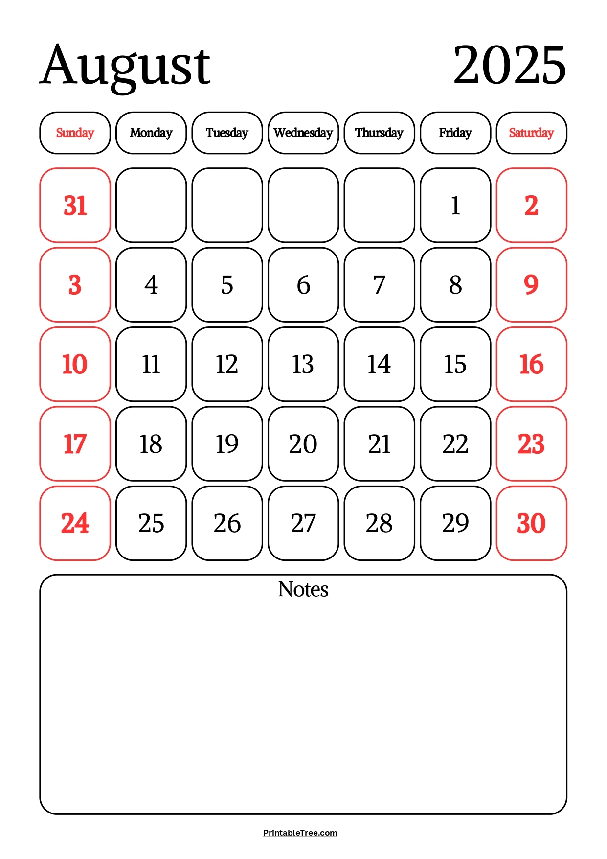 Fun Blank August 2025 Calendar