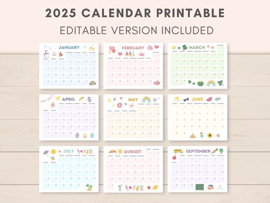 Calendar 2025 Printable Calendar 2025 Calendar Monthly Calendar Kids Calendar Editable Calendar Calendar PDF Calendar Download PDF Etsy
