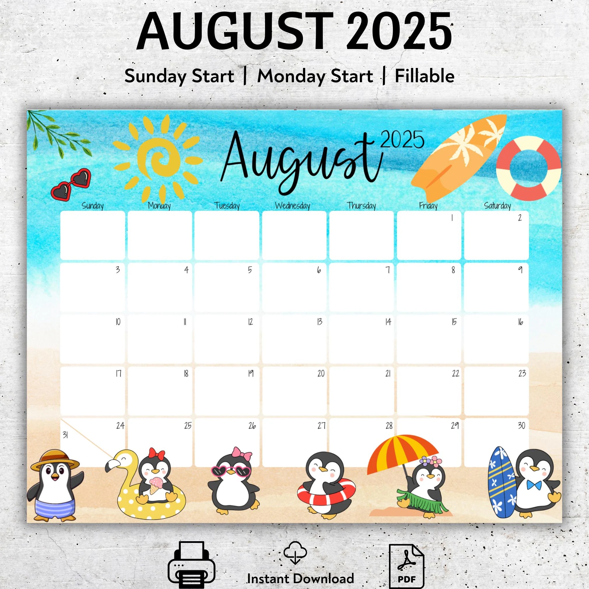 EDITABLE August 2025 Calendar Beautiful Summer Cute Penguins Colorful Printable Vacation Planner Simple Organizer Instant Download Etsy Sweden