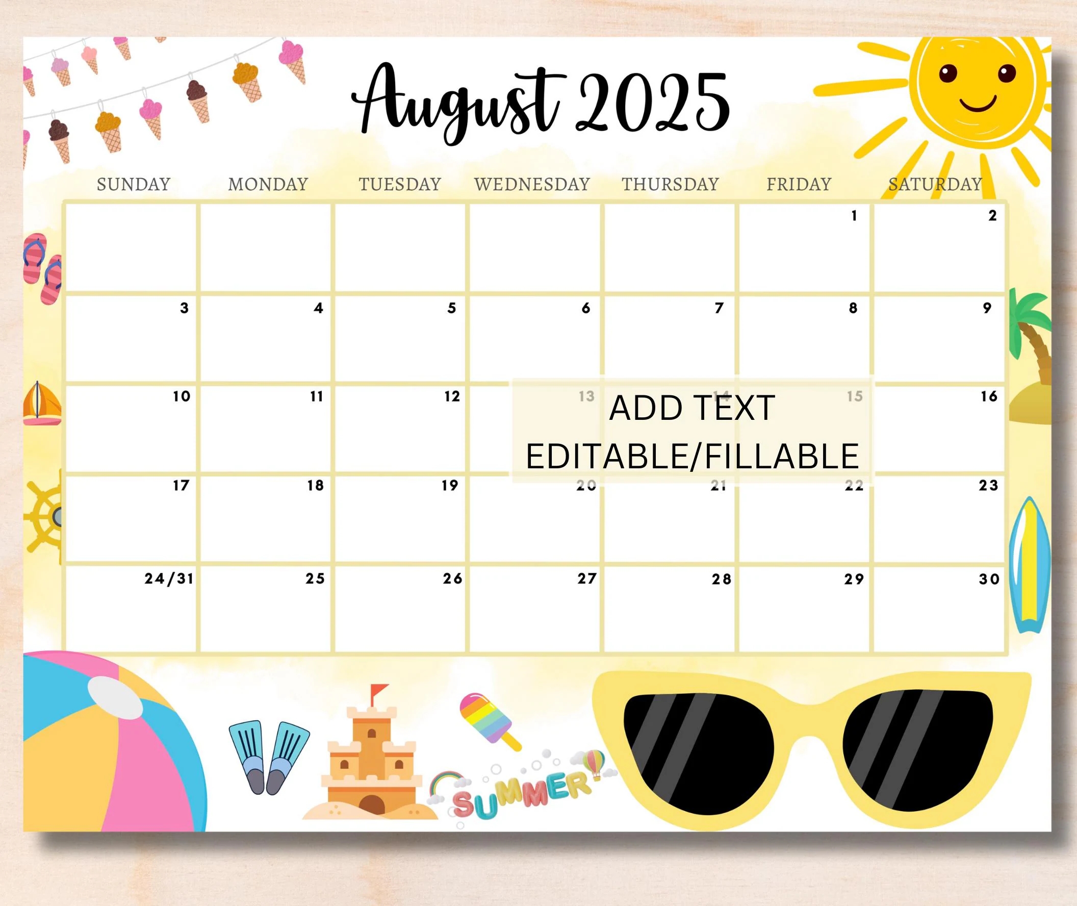 EDITABLE August 2025 Calendar Fillable Printable Monthly Planner 2025 August Summer Calendar Wall Calendar Desk Calendar Kids Schedule Etsy
