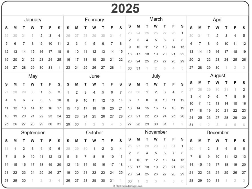 2025 Year Calendar Yearly Printable